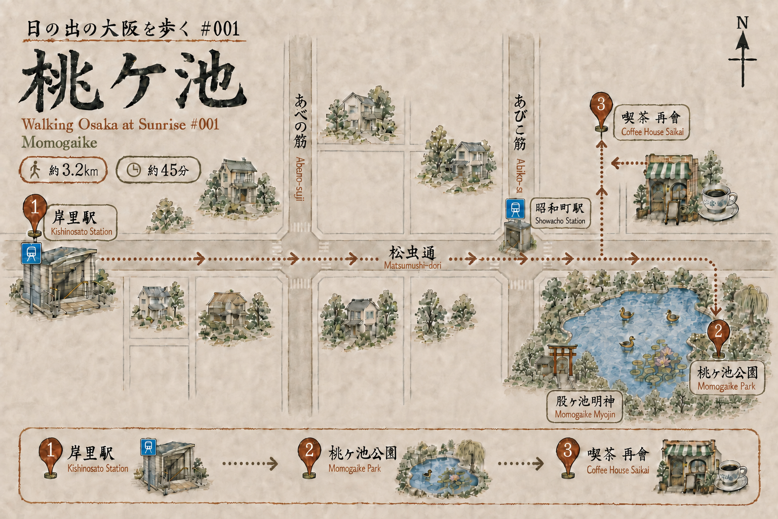 岸里駅から桃ヶ池公園と股ヶ池明神を経由し、昭和町駅近くの喫茶 再會へ歩く印刷用地図
